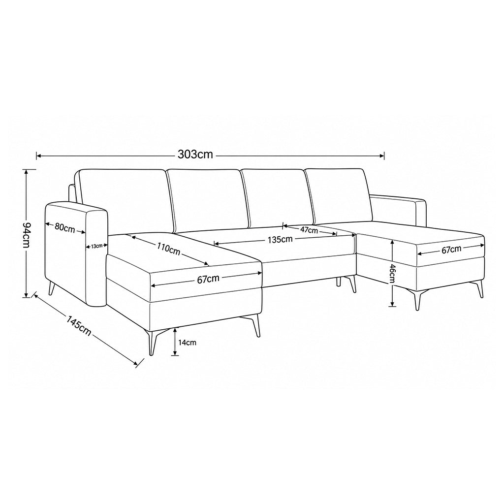 Maßzeichnung des U-Ecksofas Forra: Breite 303 cm, Tiefe 145 cm, Höhe 94 cm, Récamieren 67 cm