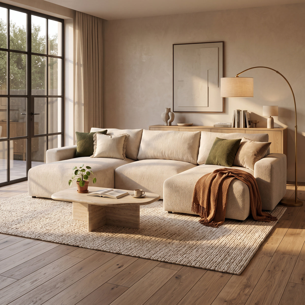 Wohnlandschaft U Iskeli Creme Taupe (ARAGON 03) im hellen Wohnzimmer mit Steintisch, Lampe und Decke – Ecksofa fürs Wohnzimmer