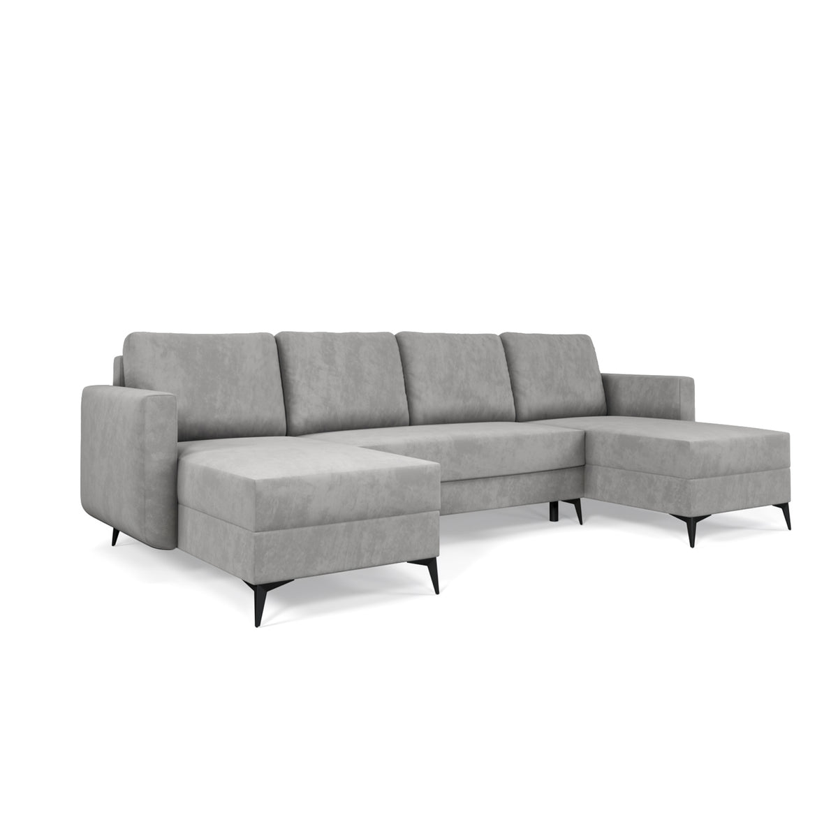 U-Ecksofa mit Schlaffunktion Forra 303 cm Stahlgrau (MANILA 16), zwei Récamieren und schwarze Metallfüße