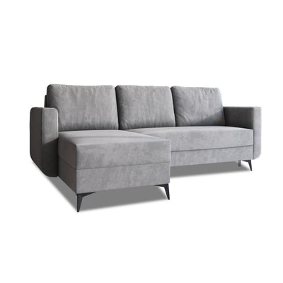 Ecksofa mit Schlaffunktion Forra 235 cm Stahlgrau (MANILA 16), linksseitig Récamiere, Velours und schwarze Metallfüße