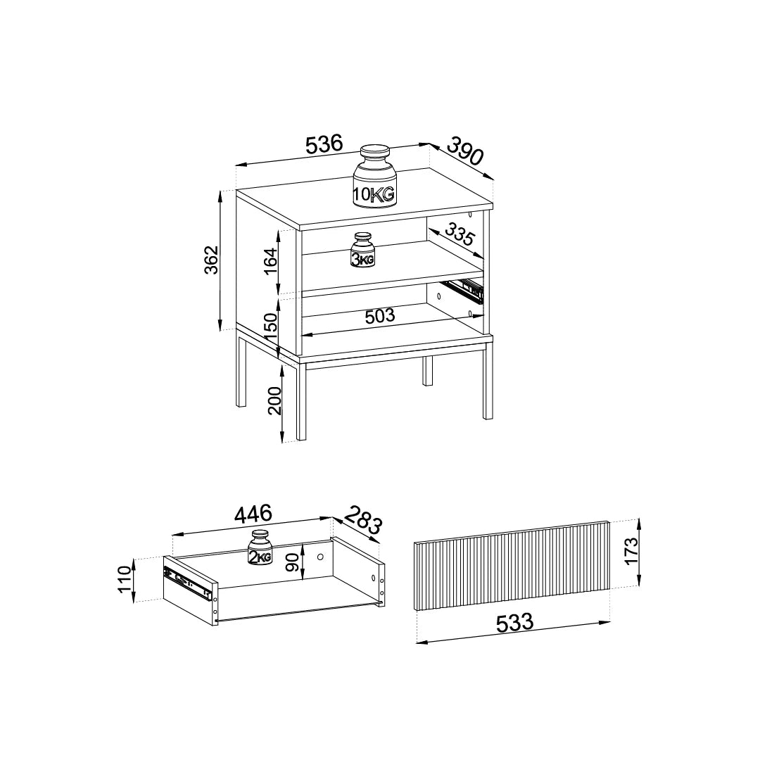 Szafka nocna z lamelowym frontem 54x56 cm – LED, metalowe nóżki, push to open | Lampy