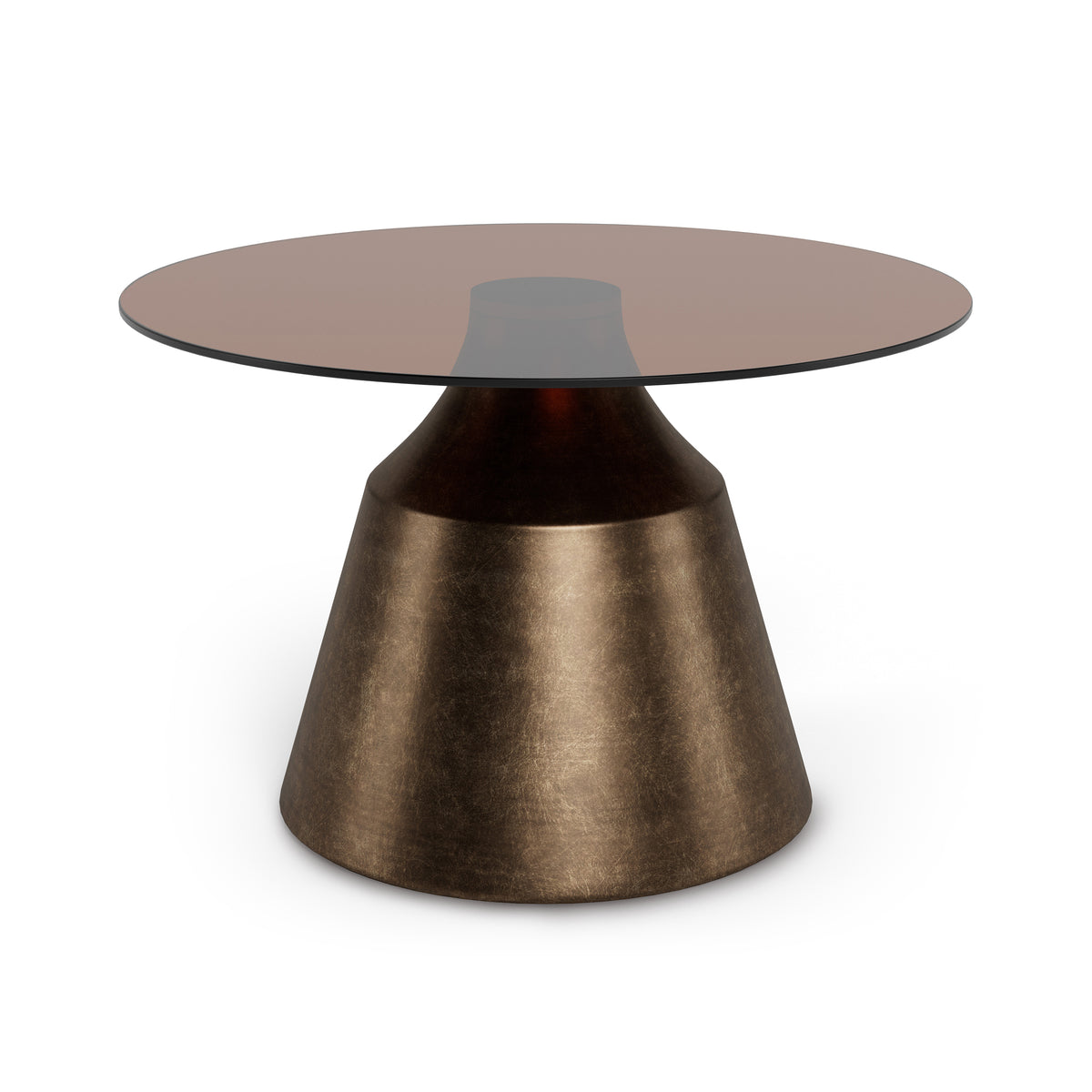 Runder Couchtisch Fumor GOLD 70x42 – braune Glasplatte auf Säule in Bronze, Schrägansicht