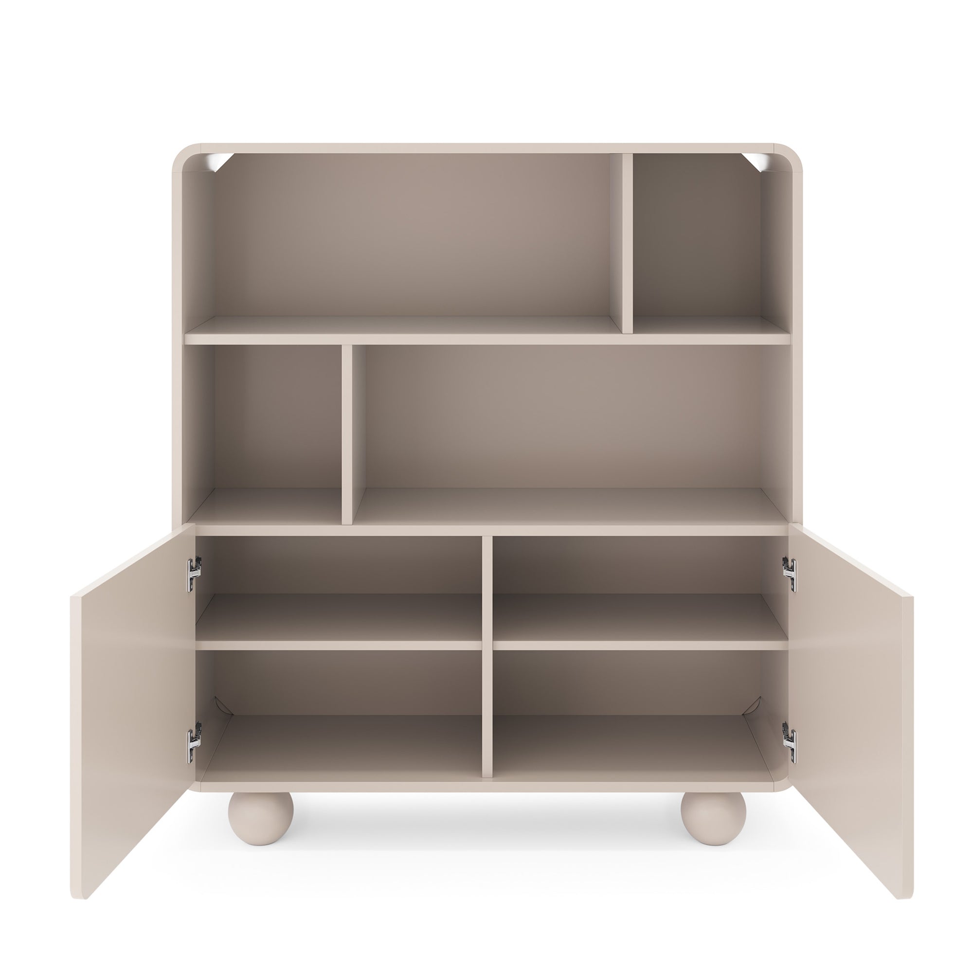 Regał 108x121 w stylu japandi - kaszmir, zaokrąglone krawędzie, kuliste nóżki | Ballo