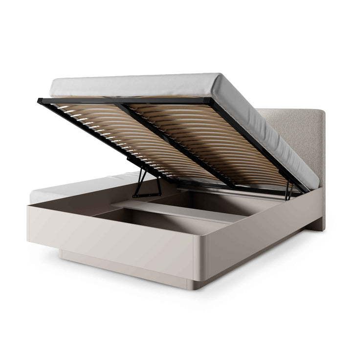 Łóżko tapicerowane z pojemnikiem 160x200 w stylu modern – wysokie wezgłowie, zaokrąglona forma | Laanti