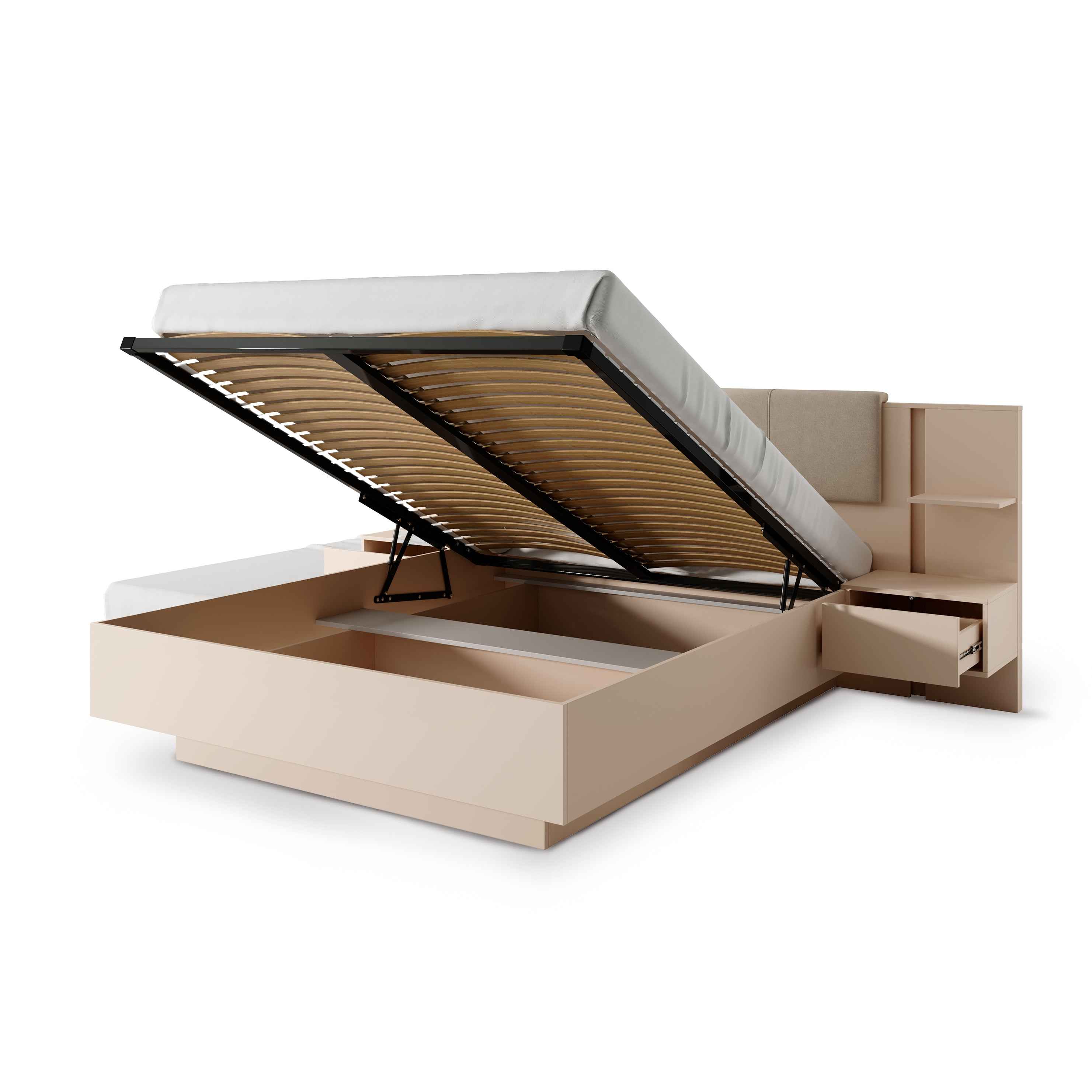 Łóżko tapicerowane z pojemnikiem w stylu glamour – zintegrowane stoliki nocne | Dust