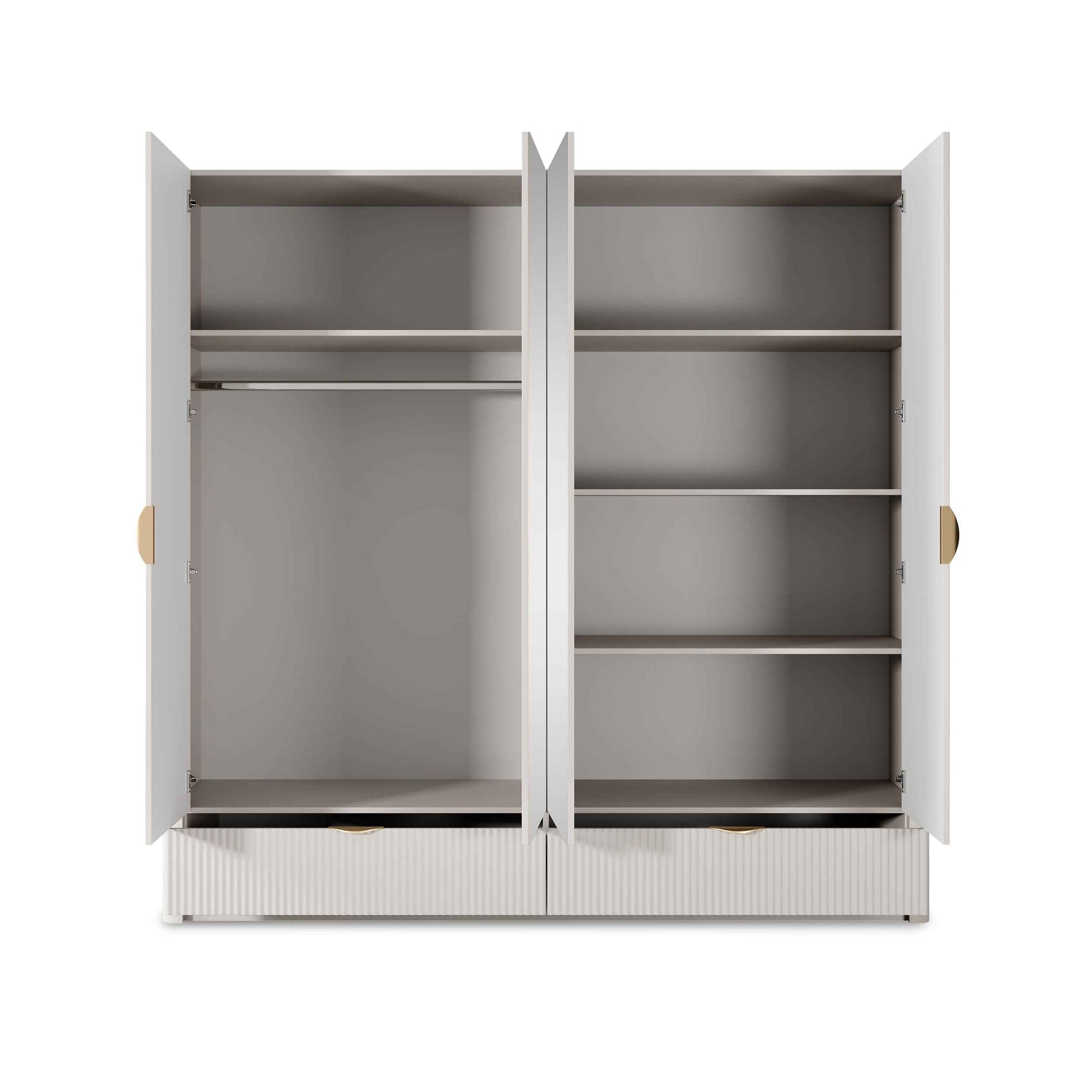 Szafa 4-drzwiow 213x208 cm w stylu nowoczesnym – ryflowane fronty MDF, metalowe uchwyty, lekko zaoblone boki | Laanti