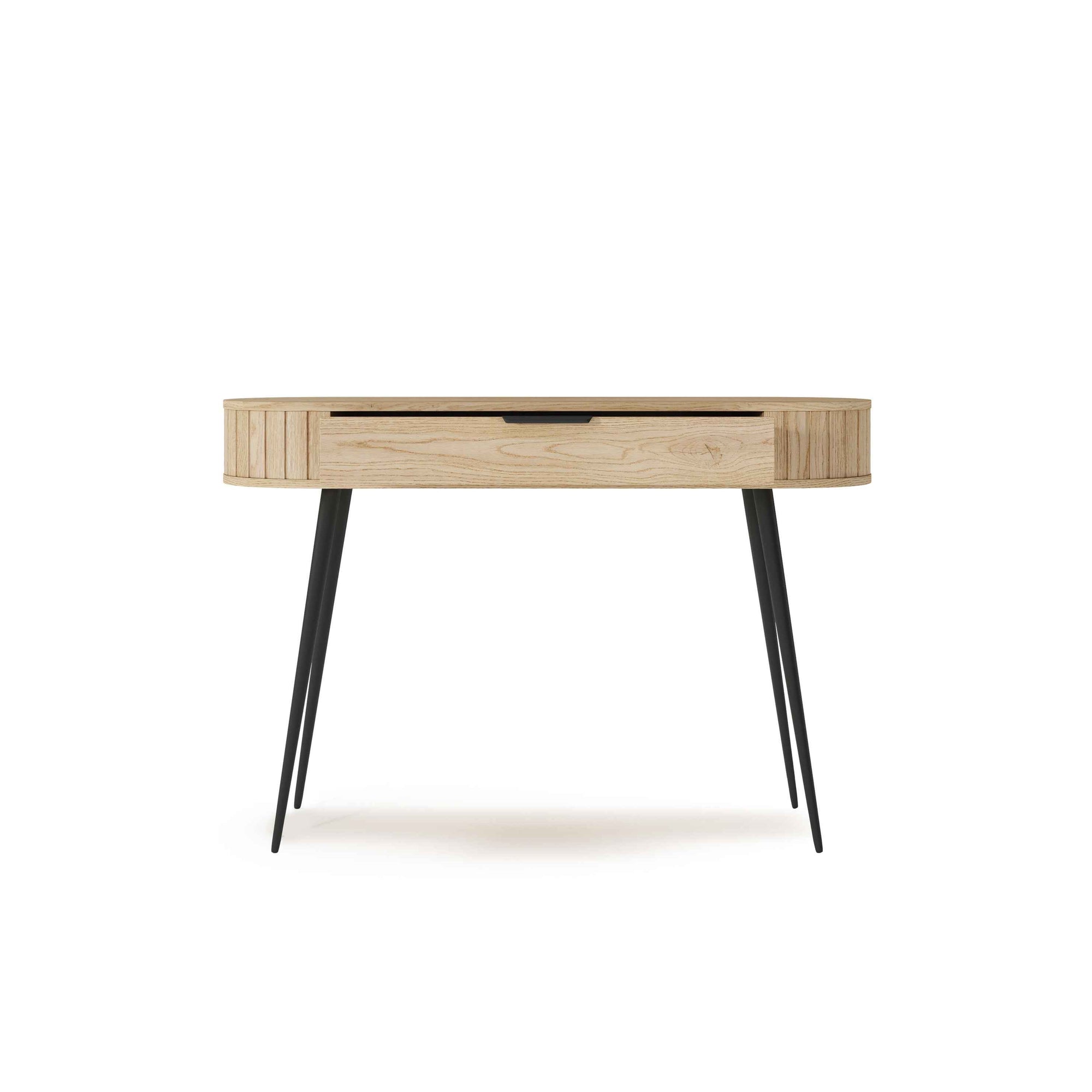 Toaletka z szufladą 120x80 w stylu japandi – dąb Cremona, zaoblone boki, czarne nogi, naturalny dekor | Llovia