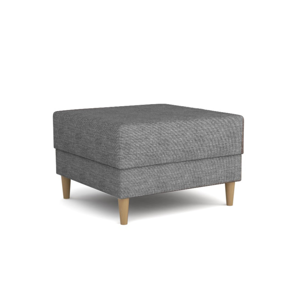 Pouf Harmi 66x66 Silbernebel (SAWANA 05) – quadratischer Pouf auf hohen Holzbeinen, Schrägansicht