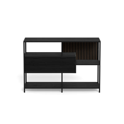 Niedriges Regal „Skeleto“ 114 x 78, schwarzes Melamin – Vorderansicht, schwarzes Regal für das Wohnzimmer im Loft-Stil