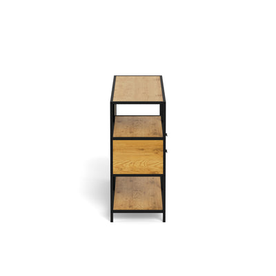 Niedriges Regal „Skeleto“ 114 x 78, Wilde Eiche – Seitenansicht, Tiefe 35 cm und Stahlrahmen
