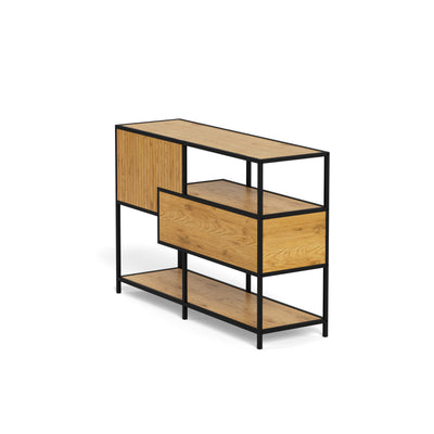 Niedriges Regal „Skeleto“ 114 x 78, Wilde Eiche – Rückansicht aus einem Winkel, freistehendes Regal für das Wohnzimmer