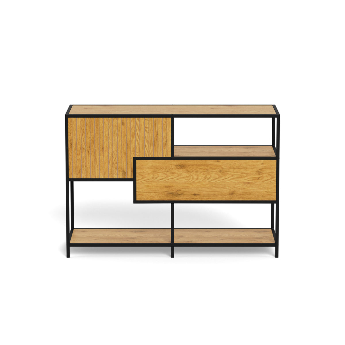 Niedriges Regal „Skeleto“ 114 x 78, Wilde Eiche – Rückansicht auf die Rückwand und das Schubladenmodul
