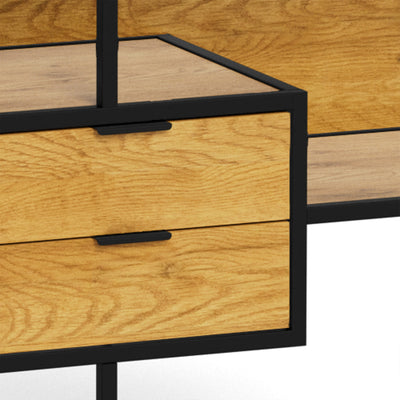 Niedriges Regal „Skeleto“ 114 x 78, Wilde Eiche – Nahaufnahme von zwei Schubladen mit schwarzen Griffen, Regal mit Schubladen