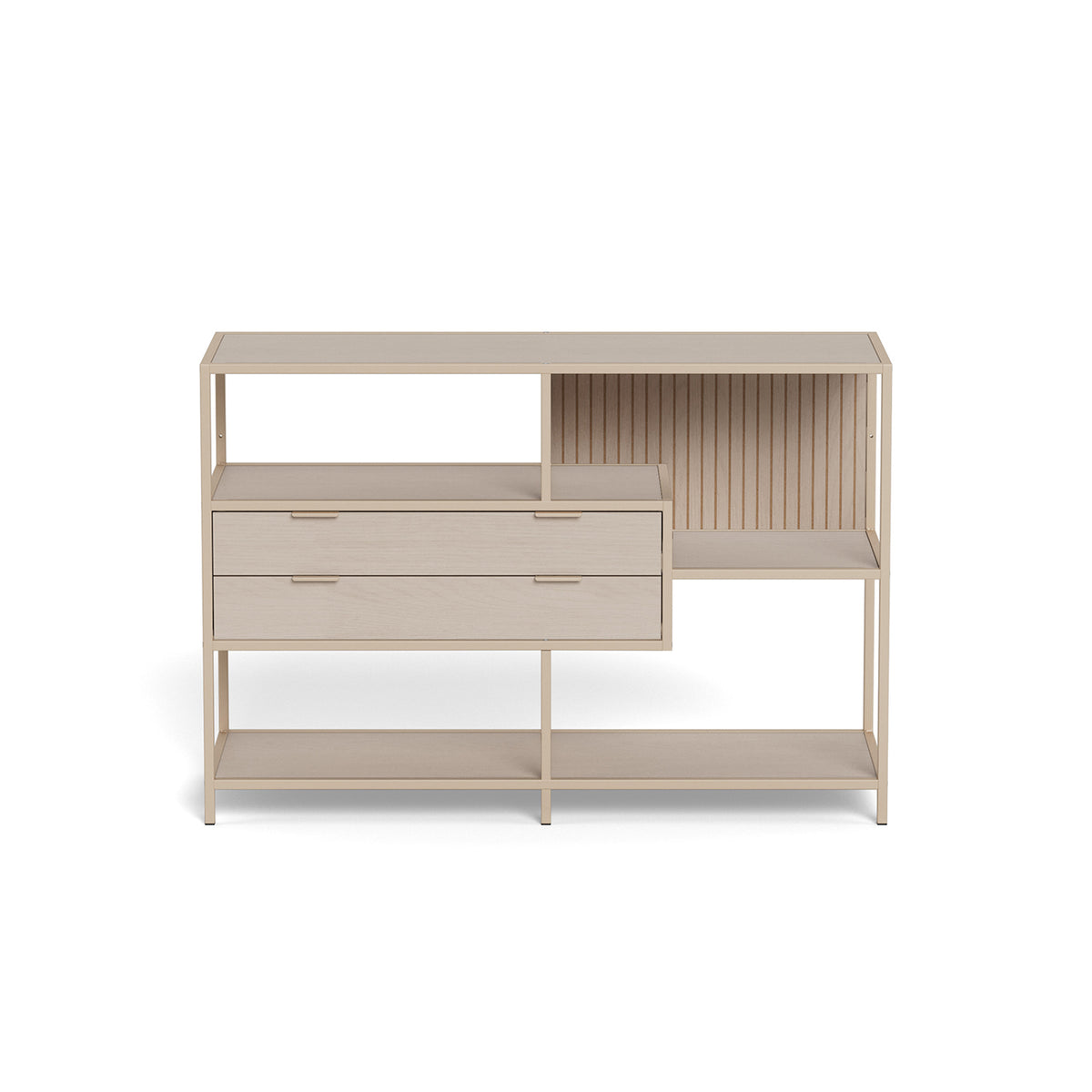 Niedriges Regal „Skeleto“ 114 x 78, graues Melamin – Vorderansicht auf die offenen Regalböden und das Schubladenmodul