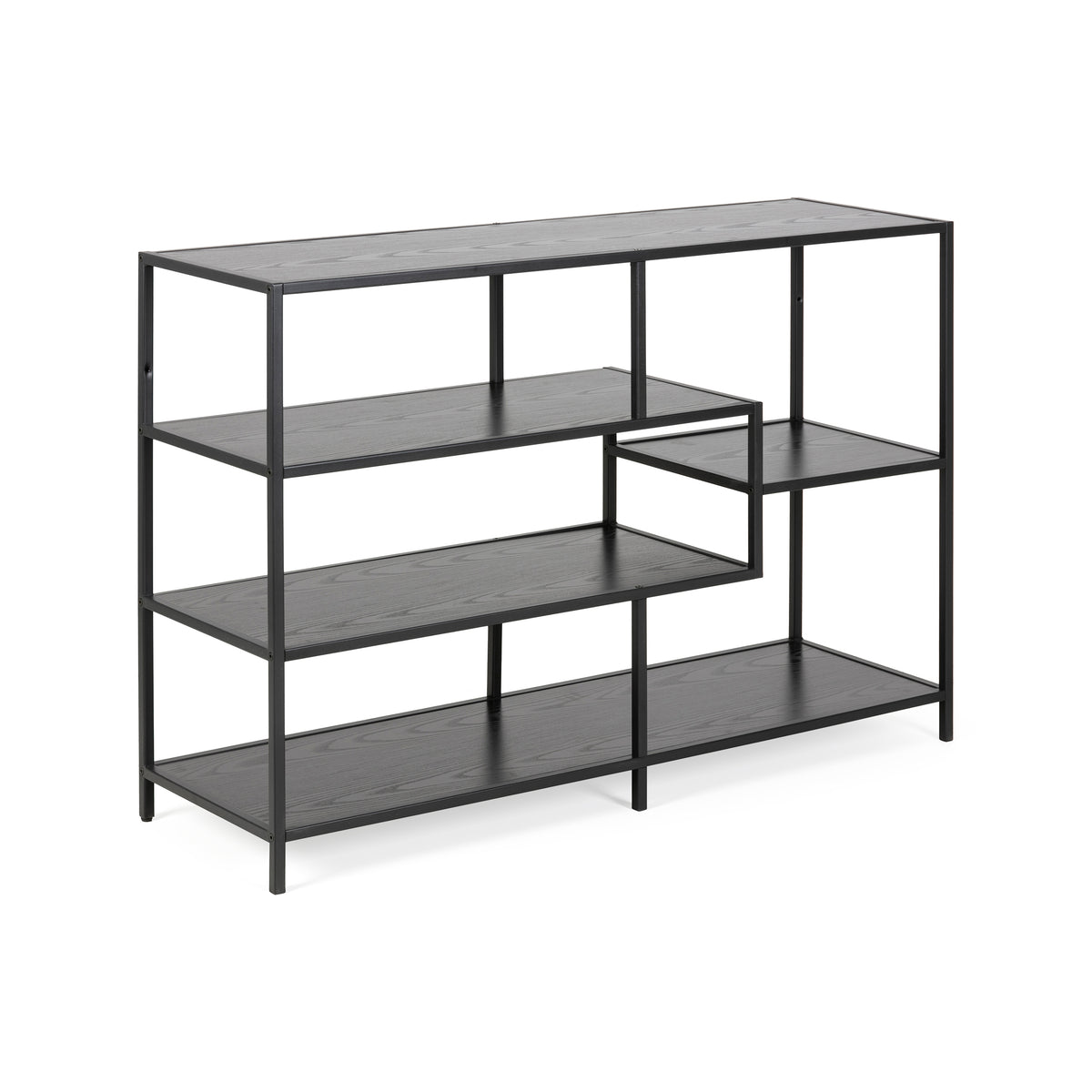 Regal „Skeleto“ 114 x 78, schwarze Melaminbeschichtung, Seitenansicht – schwarzes Regal mit asymmetrischen Einlegeböden im Industrial-Stil