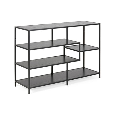 Regal „Skeleto“ 114 x 78, schwarze Melaminbeschichtung, Seitenansicht – schwarzes Regal mit asymmetrischen Einlegeböden im Industrial-Stil