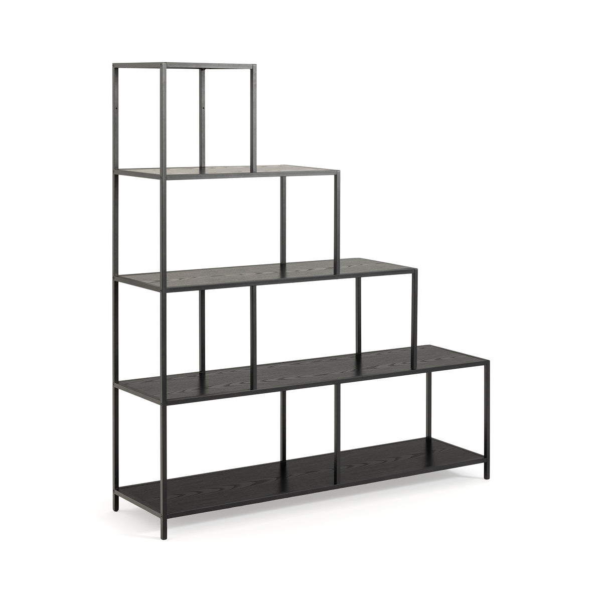 Regal „Skeleto“ 135 x 150, schwarze Melaminbeschichtung, Seitenansicht – schwarzes Stufenregal im Industrial-Stil