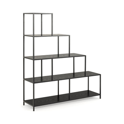 Regal „Skeleto“ 135 x 150, schwarze Melaminbeschichtung, Seitenansicht – schwarzes Stufenregal im Industrial-Stil