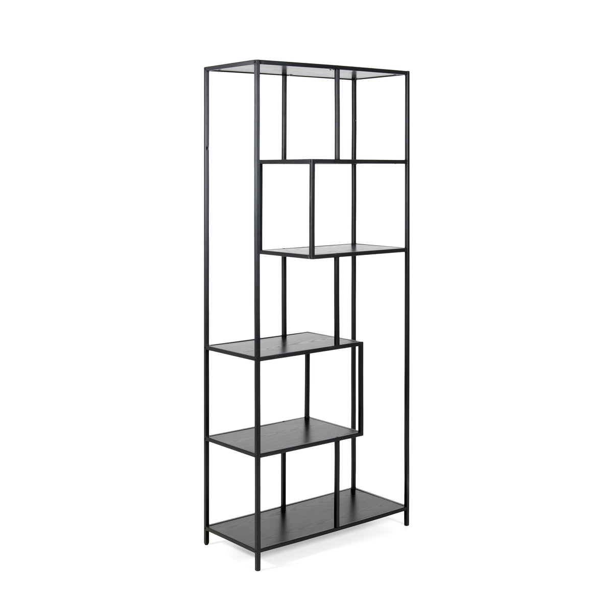 Regal „Skeleto“ 77 x 185, schwarze Melaminbeschichtung, Seitenansicht – schwarzes Hochregal mit asymmetrischen Einlegeböden