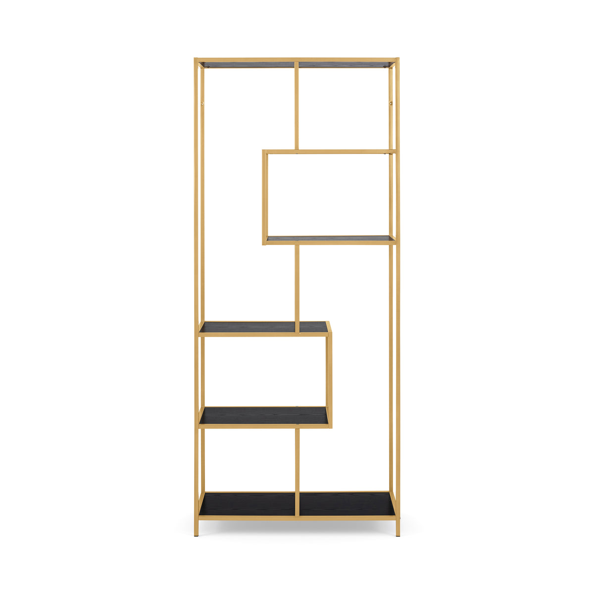 Regal „Skeleto“ 77 x 185, schwarze Melaminbeschichtung (goldener Rahmen), Vorderansicht – goldener Stahlrahmen und versetzte Einlegeböden