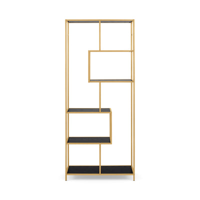 Regal „Skeleto“ 77 x 185, schwarze Melaminbeschichtung (goldener Rahmen), Vorderansicht – goldener Stahlrahmen und versetzte Einlegeböden
