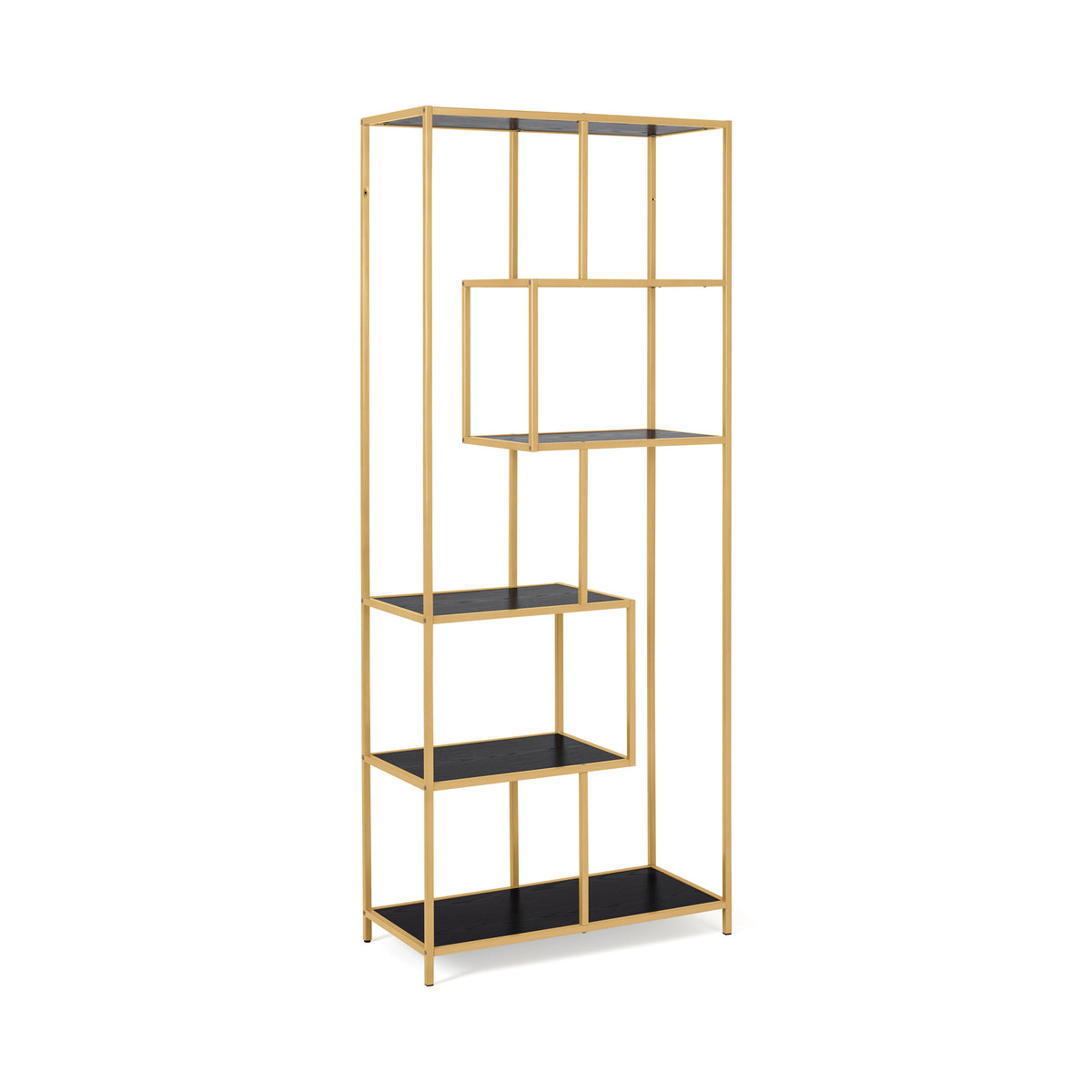 Regal „Skeleto“ 77 x 185, schwarze Melaminbeschichtung (goldener Rahmen), Seitenansicht – Regal mit goldenem Rahmen und schwarzen Einlegeböden