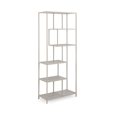 Regal „Skeleto“ 77 x 185, graues Melamin, Seitenansicht – helles Bücherregal auf grauem Rahmen