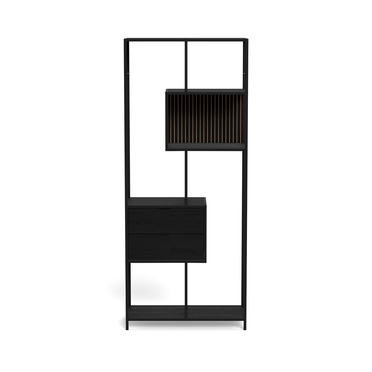 Regal „Skeleto“ 77 x 185, schwarze Melaminoberfläche – Vorderansicht, schwarzes Regal mit Schubladen im Loft-Stil