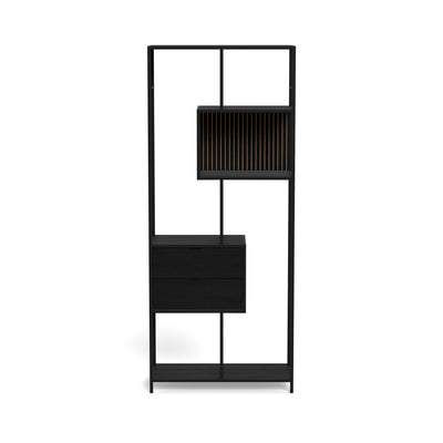 Regal „Skeleto“ 77 x 185, schwarze Melaminoberfläche – Vorderansicht, schwarzes Regal mit Schubladen im Loft-Stil
