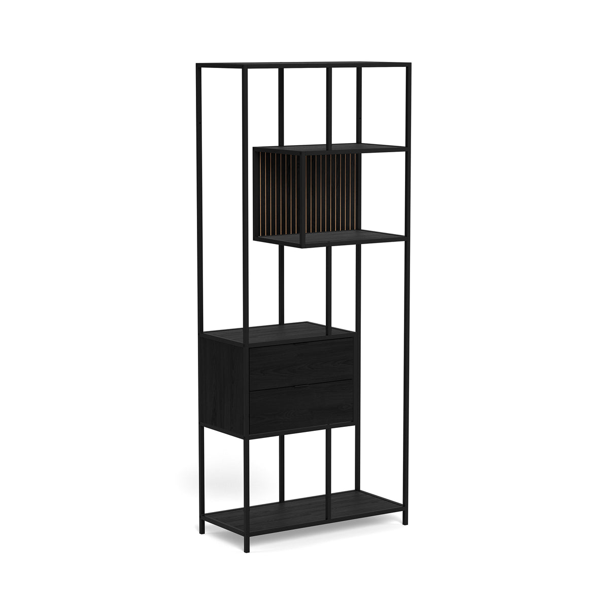 Regal „Skeleto“ 77 x 185, schwarze Melaminoberfläche – Seitenansicht, Fach mit Leisten und zwei schwarze Schubladen