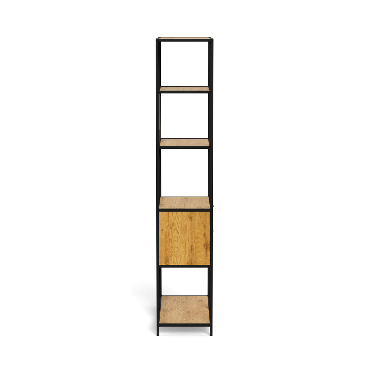 Regal „Skeleto“ 77 x 185, Wilde Eiche – Seitenansicht der Regalböden in Eichenoptik und des Stahlrahmens