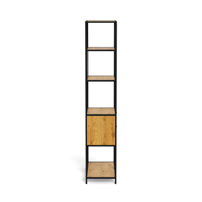 Regal „Skeleto“ 77 x 185, Wilde Eiche – Seitenansicht der Regalböden in Eichenoptik und des Stahlrahmens