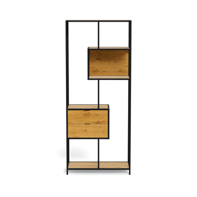 Regal „Skeleto“ 77 x 185, Wilde Eiche – Vorderansicht der asymmetrischen Anordnung von Nische und Schubladenmodul