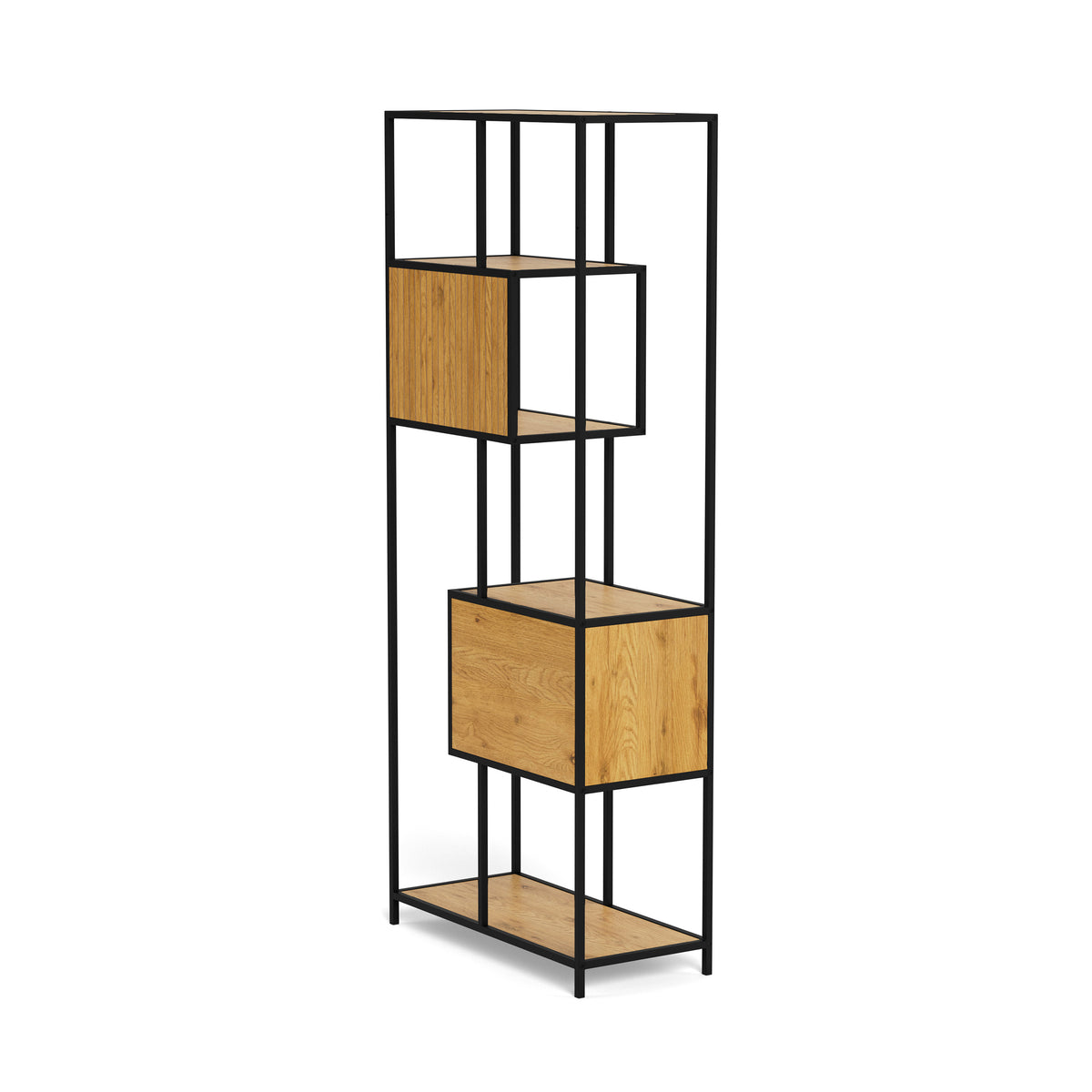 Regal „Skeleto“ 77 x 185, Wilde Eiche – Rückansicht aus einem Winkel, Wohnzimmerregal mit Stahlrahmen