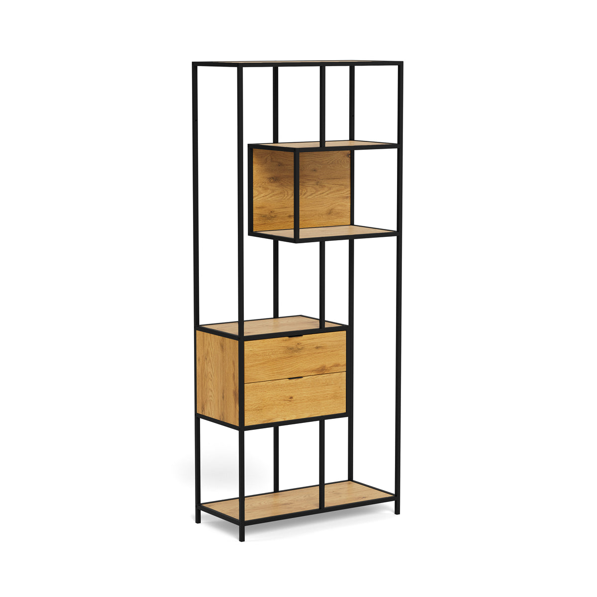 Regal „Skeleto“ 77 x 185, Wilde Eiche – Schrägansicht auf den schwarzen Rahmen, das Fach und die beiden Schubladen, Regal mit Schubladen