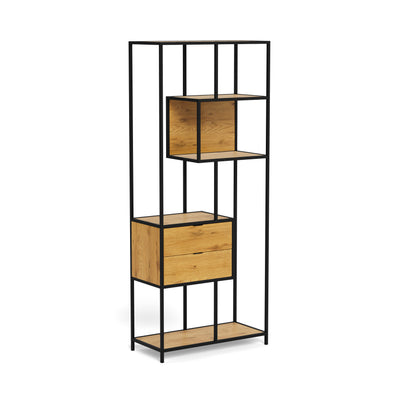 Regal „Skeleto“ 77 x 185, Wilde Eiche – Schrägansicht auf den schwarzen Rahmen, das Fach und die beiden Schubladen, Regal mit Schubladen