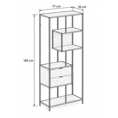 Regal „Skeleto“ 77 x 185 mit Schubladen – Maßzeichnung mit Breite, Höhe und Tiefe