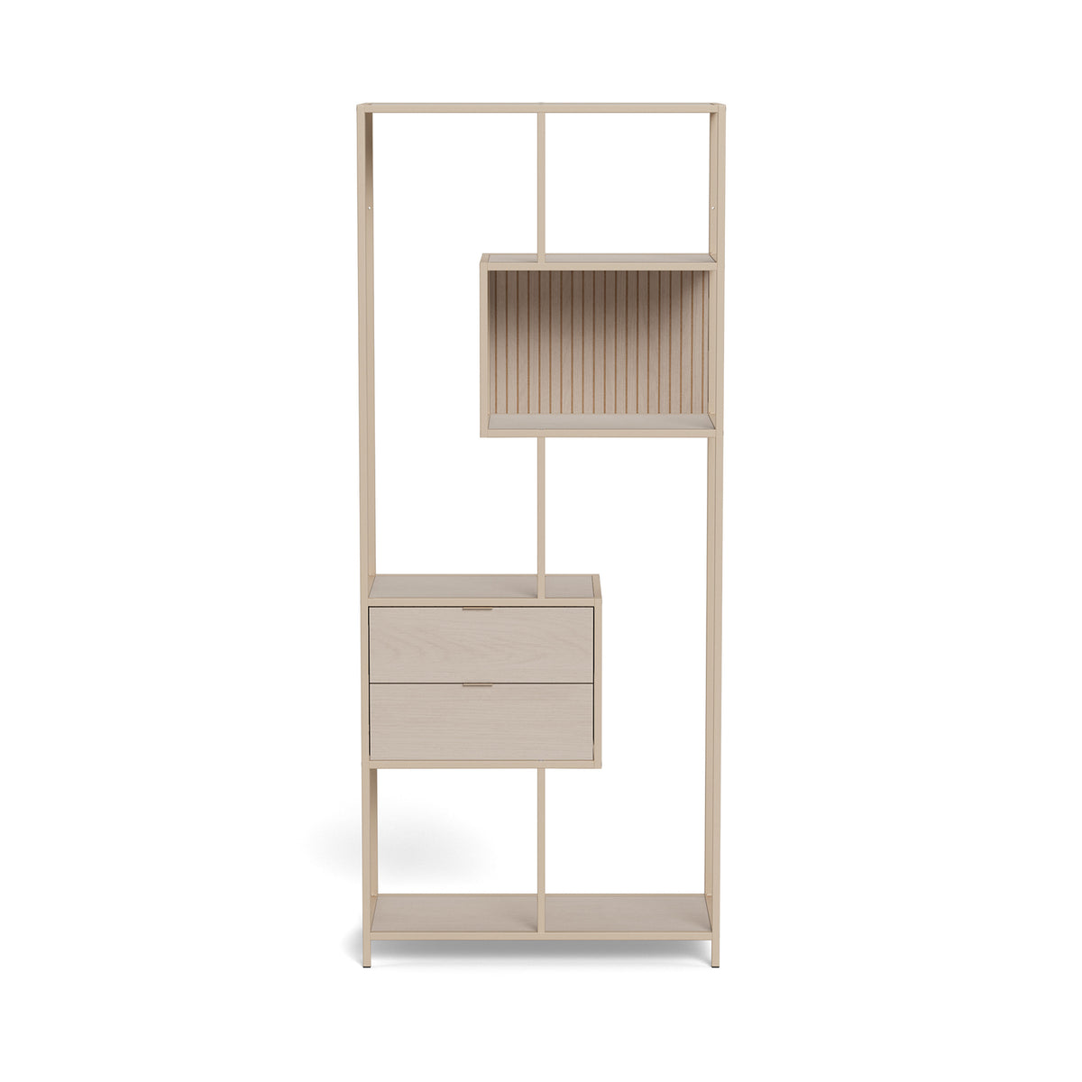 Regal „Skeleto“ 77 x 185, graues Melamin – Vorderansicht mit offenen Regalböden und einem Modul mit Schubladen