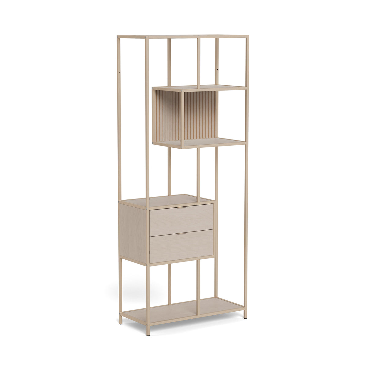 Regal „Skeleto“ 77 x 185, graues Melamin – Seitenansicht des hellen Rahmens, des Fachs und der beiden Schubladen