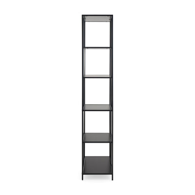 Regal „Skeleto“ 77 x 185, schwarze Melaminoberfläche – Seitenansicht, schlankes Profil (35 cm) und Stahlfüße