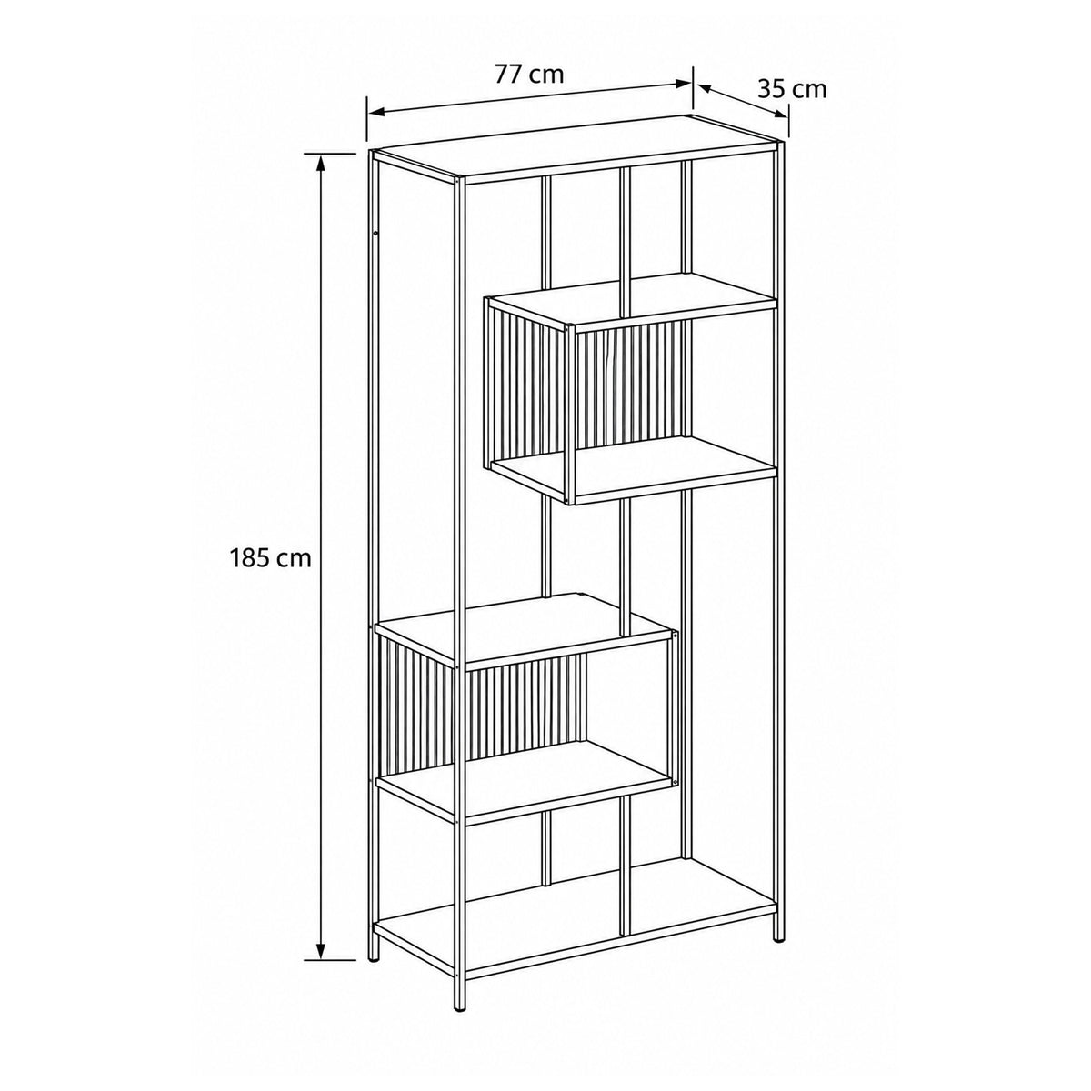 Regal Skeleto 77x185 – Maßzeichnung mit Breite, Höhe und Tiefe