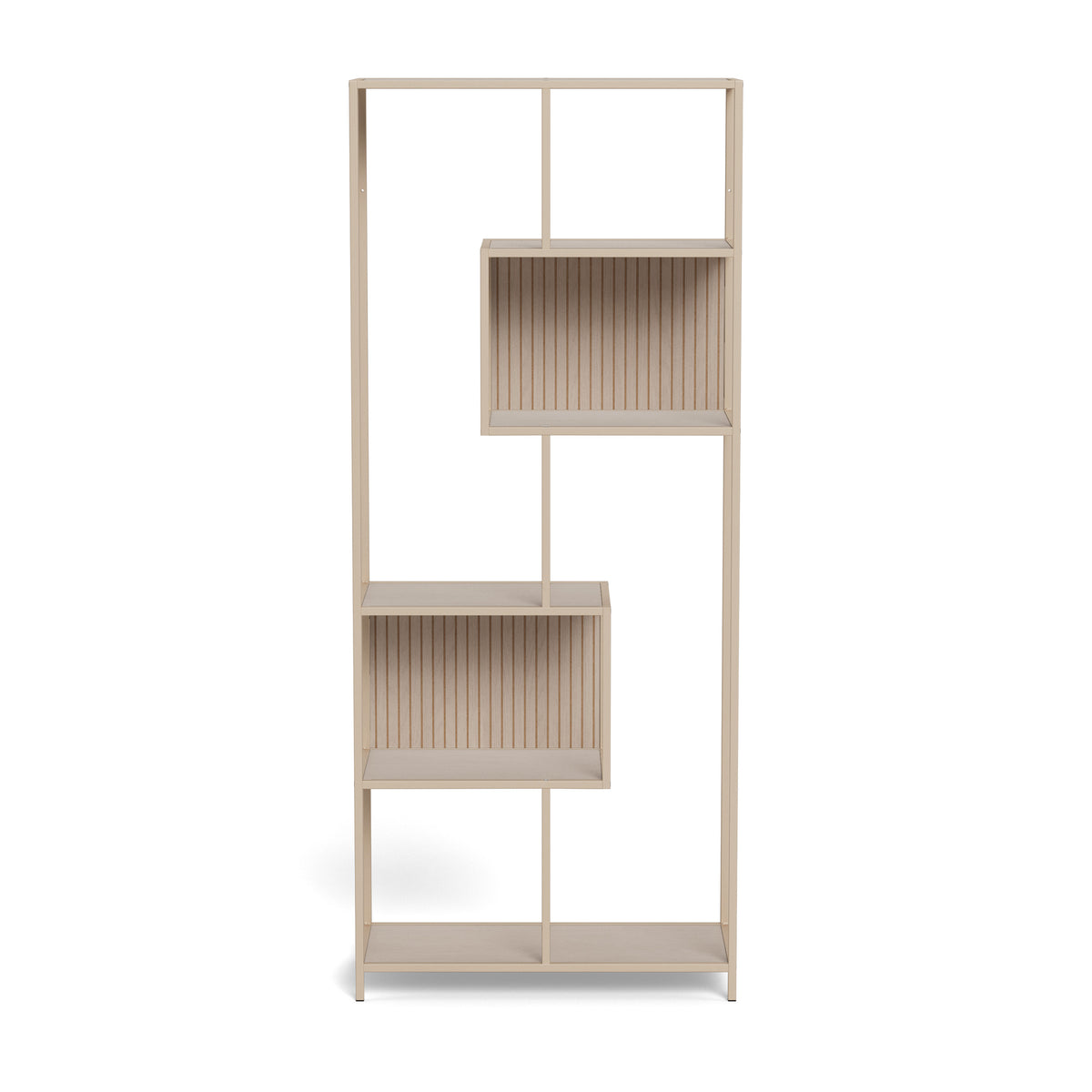 Regal „Skeleto“ 77 x 185, graues Melamin – Vorderansicht mit offenen Regalböden und asymmetrischen Nischen