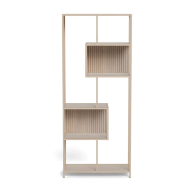 Regal „Skeleto“ 77 x 185, graues Melamin – Vorderansicht mit offenen Regalböden und asymmetrischen Nischen