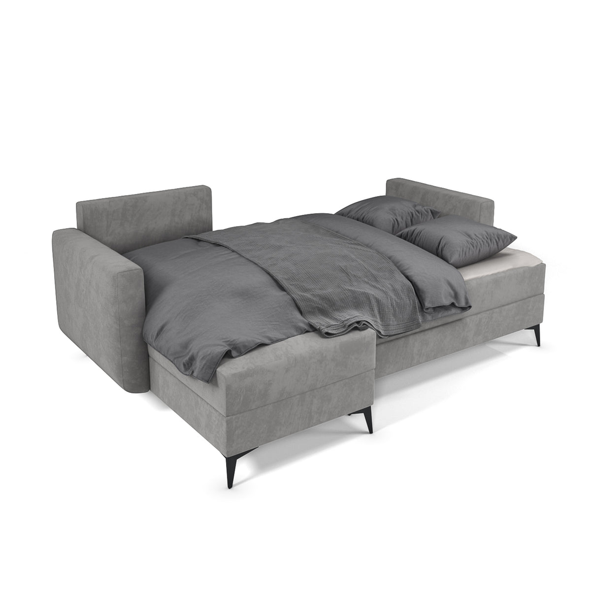 Ausgeklapptes Ecksofa Forra Stahlgrau (MANILA 16) – Liegefläche 200 × 130 cm mit Bettzeug, Mechanismus DL