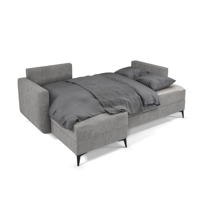 Ausgeklapptes Ecksofa Forra Stahlgrau (MANILA 16) – Liegefläche 200 × 130 cm mit Bettzeug, Mechanismus DL