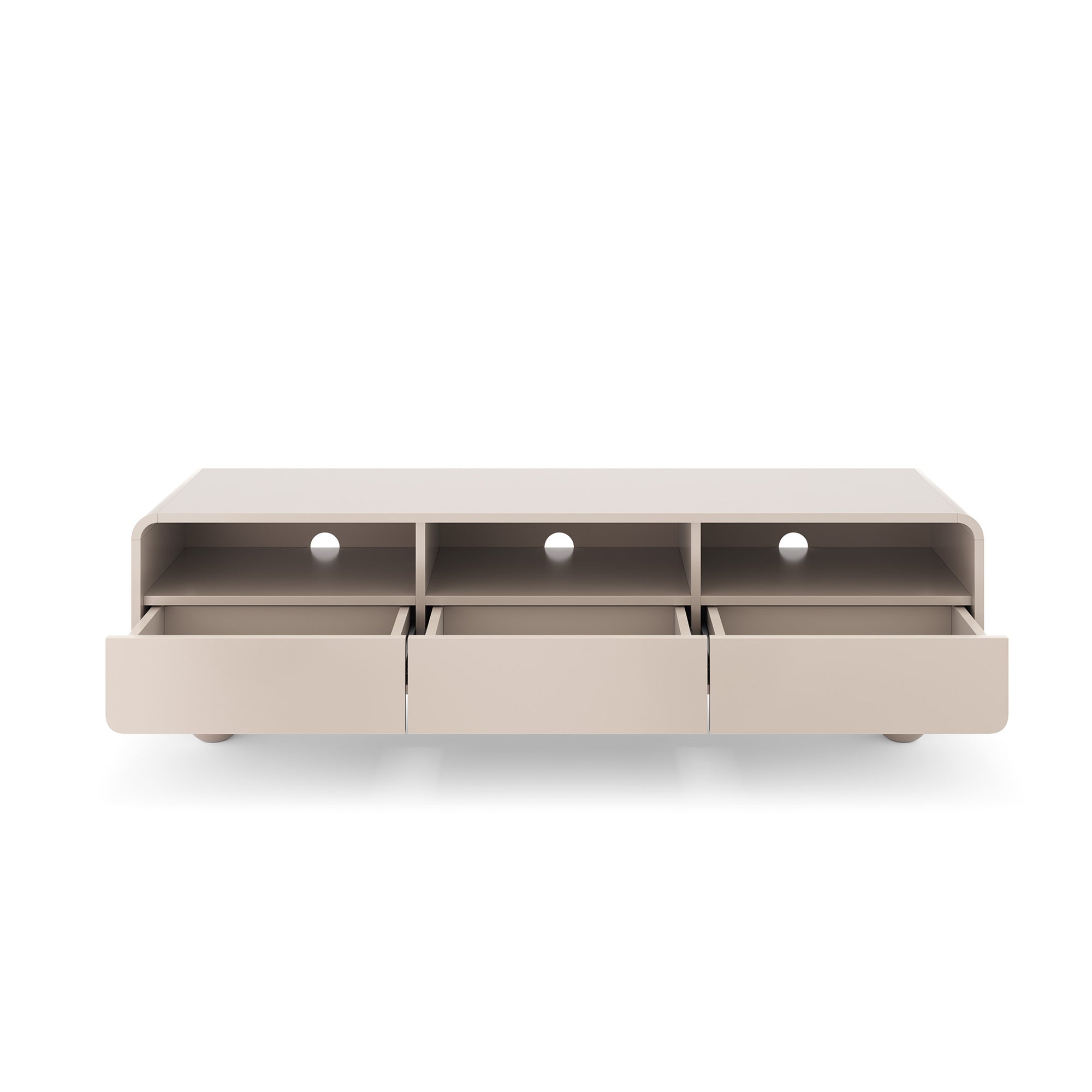 Szafka RTV 160x44 w stylu japandi – kaszmirowa, szuflady push-to-open | Ballo