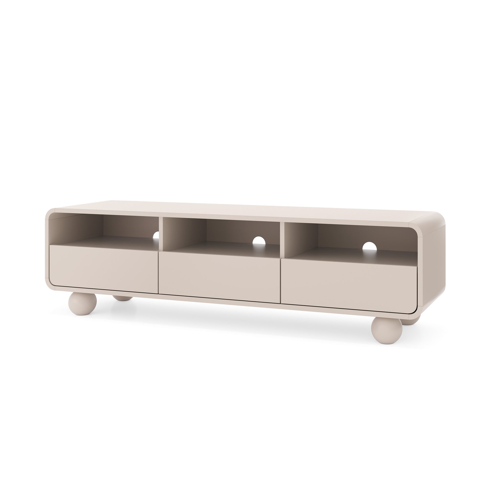 Szafka RTV 160x44 w stylu japandi – kaszmirowa, szuflady push-to-open | Ballo
