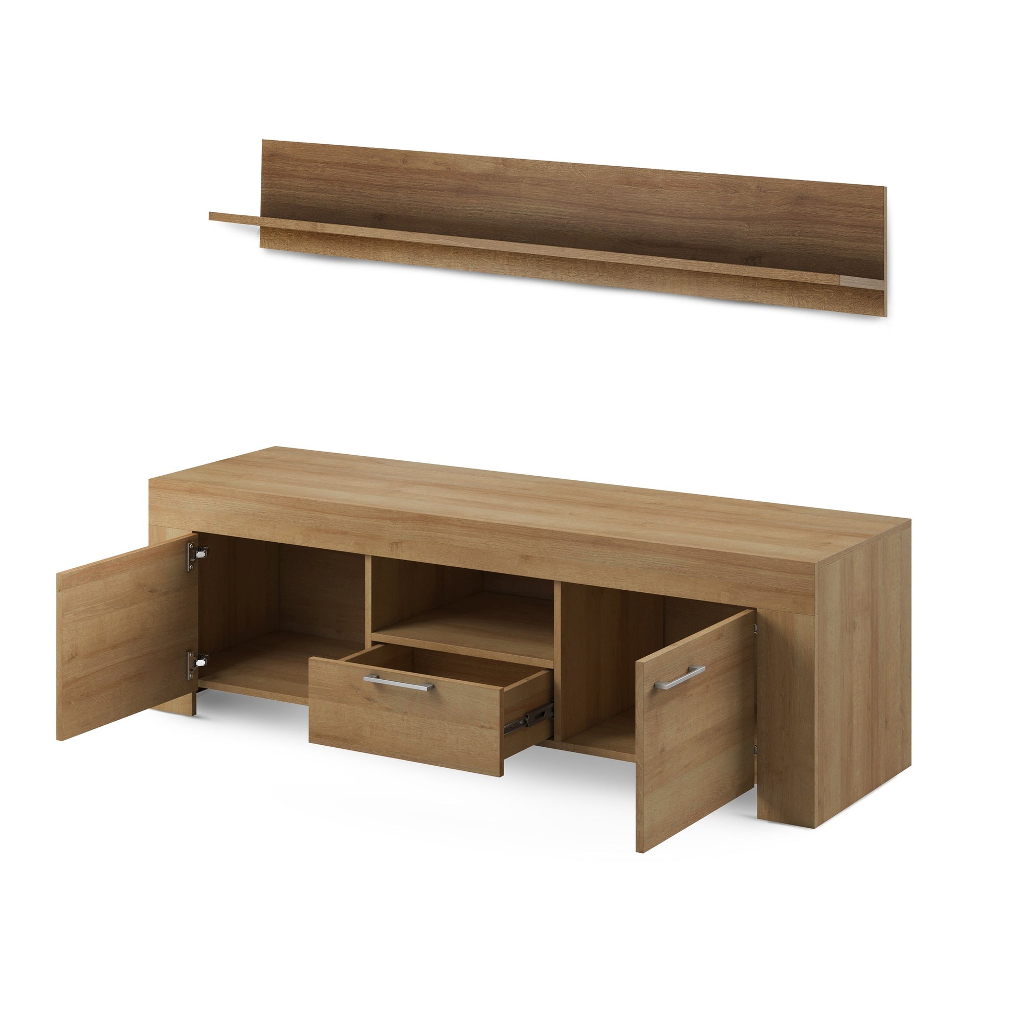 Zestaw RTV z półką 155x50+155x20 w stylu nowoczesnym - dąb riviera, otwory na kable | Gorky