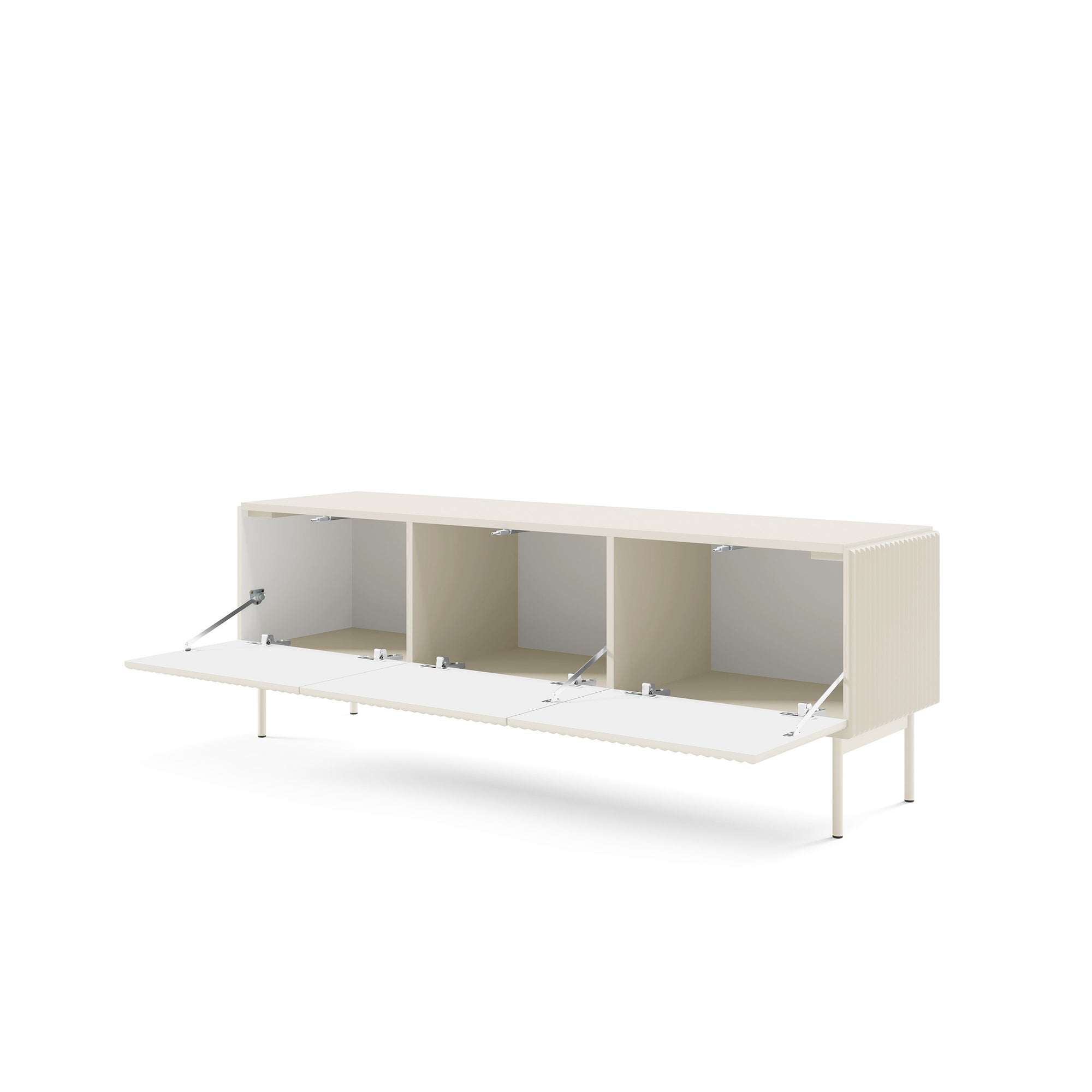 Szafka RTV 147x51 w stylu nowoczesnym - kaszmir, ryflowane fronty MDF, system push-to-open | MuzZI