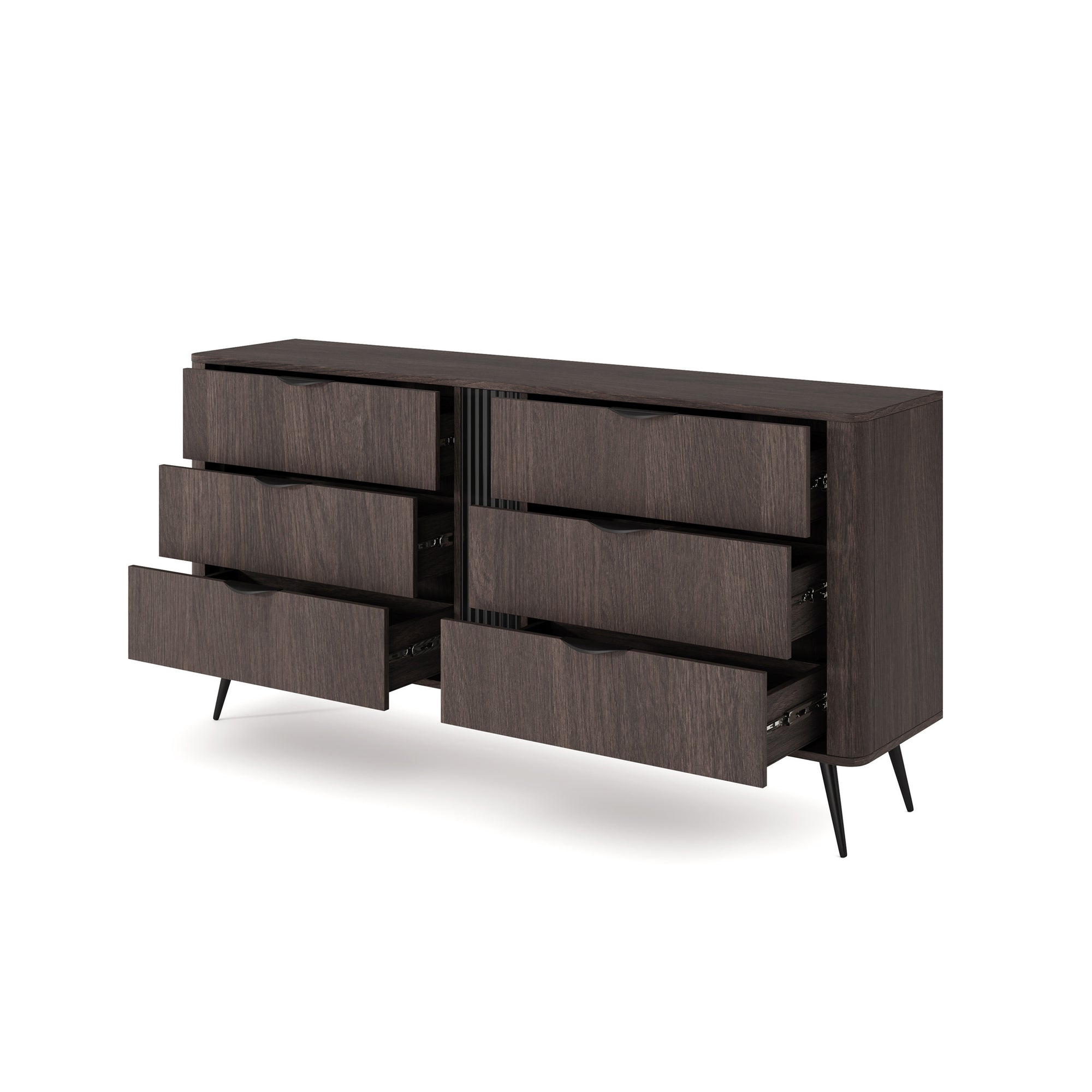 Komoda z 6 szufladami 163x81 w stylu soft loft - dąb dunin, czarne uchwyty, ryflowany detal | Velia